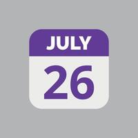 icono de la fecha del calendario del 26 de julio vector