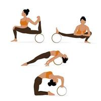 Set of yoga poses with yoga wheel. Young woman exercising. Vector illustration isolated on the white background.