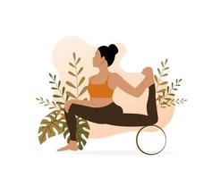 Hip extension pose. Stretching the quadriceps with the yoga wheel. Young woman demonstrating yoga exercise with finess tool. Vector illustration isolated on the white background