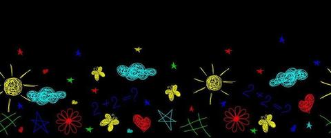 Seamless border with flowers, sun, clouds,butterfly,stars,hearts,on black background. vector