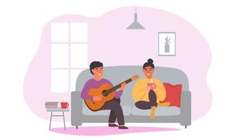 The couple is happily sitting at home on the couch together. The guy plays the guitar and sings, the girl listens and drinks tea. Vector graphics.