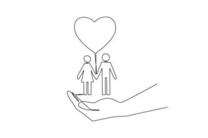 Continuous one line drawing care about family life, assurance protection. Insurance concept. Single line draw design vector graphic illustration.