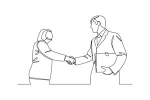 Continuous one line drawing customers shake hands making deal for insurance. Insurance concept. Single line draw design vector graphic illustration.