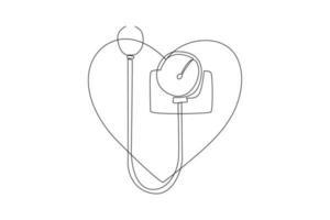 Continuous one line drawing heart check. World hypertension day concept. Single line draw design vector graphic illustration.