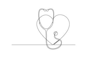 Continuous one line drawing stethoscope and heart. World hypertension day concept. Single line draw design vector graphic illustration.