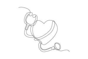 Continuous one line drawing stethoscope and heart. World hypertension day concept. Single line draw design vector graphic illustration.