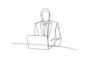 Single one line drawing young tv newscaster man reporting tv news. News anchor concept. Continuous line draw design graphic vector illustration.