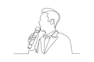 Single one line drawing young tv newscaster man reporting tv news. News anchor concept. Continuous line draw design graphic vector illustration.