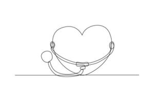 Continuous one line drawing stethoscope and heart. World hypertension day concept. Single line draw design vector graphic illustration.