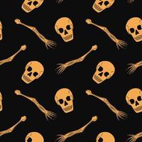 Seamless pattern with human skulls and bones. Vector background with sinister smiling skulls in retro style. Graphic print for clothes, fabric, wallpaper, wrapping paper.
