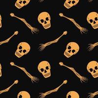 Seamless pattern with human skulls and bones. Vector background with sinister smiling skulls in retro style. Graphic print for clothes, fabric, wallpaper, wrapping paper.