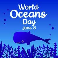 día mundial de los océanos 8 de junio. salva nuestro océano. grandes ballenas y peces nadaban bajo el agua con una hermosa ilustración de vector de fondo de coral y algas.