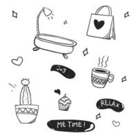 Hand drawn doodle style me time vector set illustration