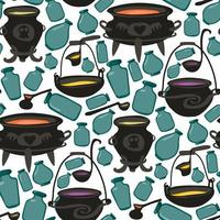 A pattern with empty glass jars and witch cauldrons with colored potions. A cauldron, a potion, a ladle, are poured into containers. Halloween-style background. Printing gift packaging, textiles vector