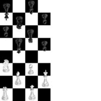 Background of black and white chess pieces, on the background of a black and white chessboard. Chess moves on a checkered board. Chess cartoon. Background for labels and text vector