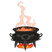 A witch's cauldron in a modern hand-painted style. An old cauldron with an orange potion stands over the fire. An old witch's bowler hat on three legs, smoke above it. Isolated vector illustration