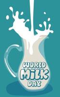 World Milk Day, June 1. Vector illustration, milk is poured into a glass jug for the holiday with splashes. Print a banner, a leaflet in honor of the holiday on a blue background. Banner, leaflet