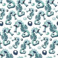 Vector print with seamless pattern of seahorses on the background of sea bubbles. Seahorses swim in different directions. Design of vector illustrations for fashionable fabrics textile graphics prints