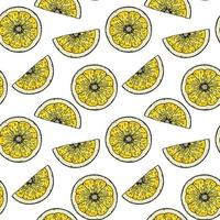 Lemon slice seamless pattern. Colorful hand drawn vector illustration in sketch style. Tropical exotic citrus fruit summer background
