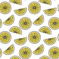 Lemon slice seamless pattern. Colorful hand drawn vector illustration in sketch style. Tropical exotic citrus fruit summer background