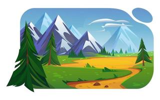 Mountain valley landscape with green fields, trees vector