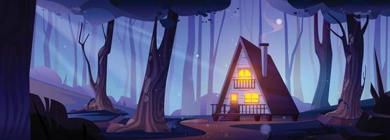 Cozy hut in night forest, cartoon illustration vector