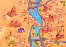 Cartoon desert town with river and pyramids vector