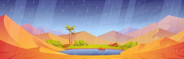 Rain in sandy desert with dunes and oasis lake vector