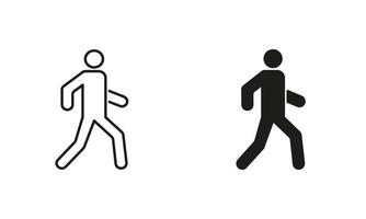 Pedestrian Walk on Street. Person Run Line and Silhouette Black Icon Set. Man Walking Pictogram. Human on Road Outline and Solid Sign Collection on White Background. Isolated Vector Illustration.