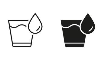 Glass of Water Silhouette and Line Icon Set. Drinking Glass Pictogram. Glassful of Clean Water Black Sign Collection. Isolated Vector illustration.