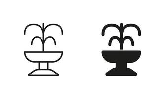 Fountain Silhouette and Line Icon Set. Pouring Water Black Pictogram. Park and Garden Architecture, Fountain Symbol Collection. Vector Isolated Illustration.