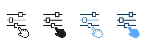 Multimedia Adjusting Symbol Collection. Control Panel and Pointer Line and Silhouette Icon Set. Adjustment Button with Hand Pictogram. Control Panel Sign. Isolated Vector Illustration.