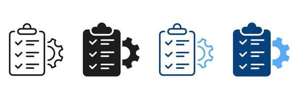 Gear, Clipboard, Pencil Project Setting Checklist Symbol Collection. Control Document Black and Color Sign. Check List and Cog Wheel Management Plan and Line Icon Set. Isolated Vector Illustration.