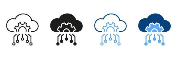 Cloud Server Setting Black and Color Pictogram. Digital Cloud with Gear, Configuration Symbol Collection. Cloud Computing Configuration Line and Silhouette Icon Set. Isolated Vector Illustration.