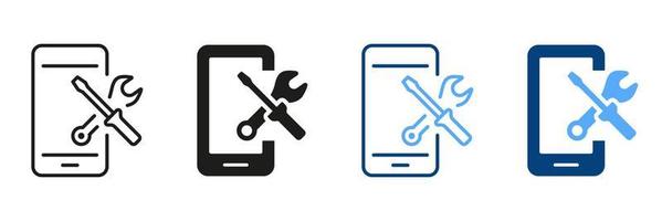 Setting Up Applications on Mobile Phone Symbol Collection. Smartphone Software Service Line Icon Set. Configuration and Technical Support of Cellphone Pictogram. Vector Isolated Illustration.