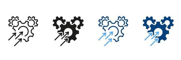 Operational Production Growth Symbol Collection. Optimize Business Sign. Gear with Increase Arrow Pictogram. Productivity Industry Process Line and Silhouette Icon Set. Isolated Vector Illustration.