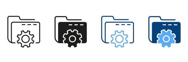 Data Folder Setting Black and Color Symbol Collection. Computer Folder with Gear Line and Silhouette Icon Set. Options and Configuration of File or Document. Vector Isolated Illustration.