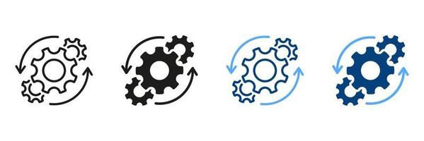 Workflow Cog Wheel Symbol Pictogram. Circle Gear Work Progress Line and Silhouette Icon Set. Gear and Round Arrow Business Technology Process Symbol Collection. Isolated Vector Illustration.