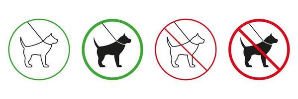 Pet on Leash Walk Zone Red and Green Warning Signs. Stroll Pet Walking Line and Silhouette Icons Set. Allowed and Prohibited Walking Dog Area Pictogram. Isolated Vector Illustration.