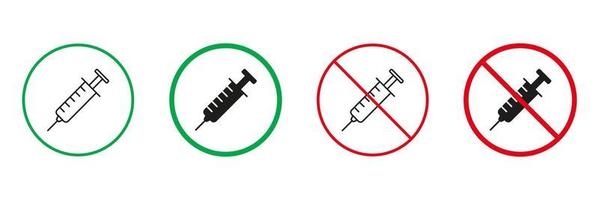 Syringe Drug Red and Green Warning Signs. Anti Vax, Against Vaccination Line and Silhouette Icons Set. Allowed and Prohibited Area for Inject, Doping Zone Pictogram. Isolated Vector Illustration.