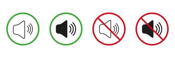 Sound Off, Mute Mode Zone Red and Green Warning Signs. Keep Silence Line and Silhouette Icons Set. Allowed and Prohibited Noise Area, Loud Sound Pictogram. Isolated Vector Illustration.