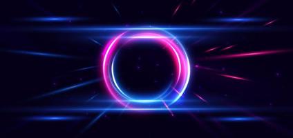 Abstract technology futuristic circles neon glowing blue and pink light lines with speed motion blur effect on dark blue background. vector