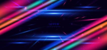 Multi-colored neon light line diagonal abstract background with dot lighting effect on dark blue background. vector