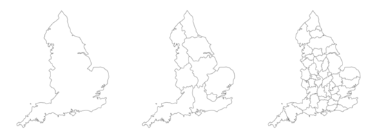 England map set of white-black outline and administrations regions map png