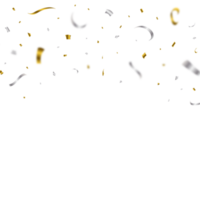 Golden and silver confetti falling isolated on transparent background. Festival elements PNG. Confetti png for carnival background. Anniversary celebration. Shiny party tinsel and confetti falling.