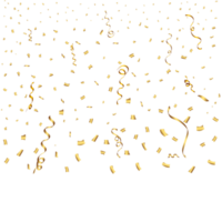 Confetti PNG with golden ribbon for festival background. Confetti and ribbon falling background. Golden confetti on a transparent background. Event and party Celebration. Carnival element PNG.