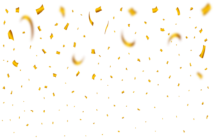 Golden confetti falling isolated on a transparent background. Confetti falling illustration. Golden Ribbon falling PNG. Anniversary and wedding celebration. Festival elements PNG. png