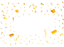 Golden confetti frame PNG background. Realistic golden ribbon and confetti explosion illustration. Golden confetti isolated on transparent background. Festival element PNG. Birthday party celebration.