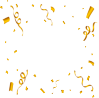 Golden confetti explosion isolated on a transparent background. Golden party tinsel and confetti photo frame. Anniversary celebration. Confetti PNG for carnival background. Festival elements PNG.