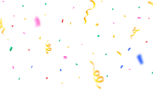 Colorful confetti and ribbon falling. Multicolor confetti and party ribbon falling on a transparent background. Tinsel and ribbon for carnival and party celebration PNG. png